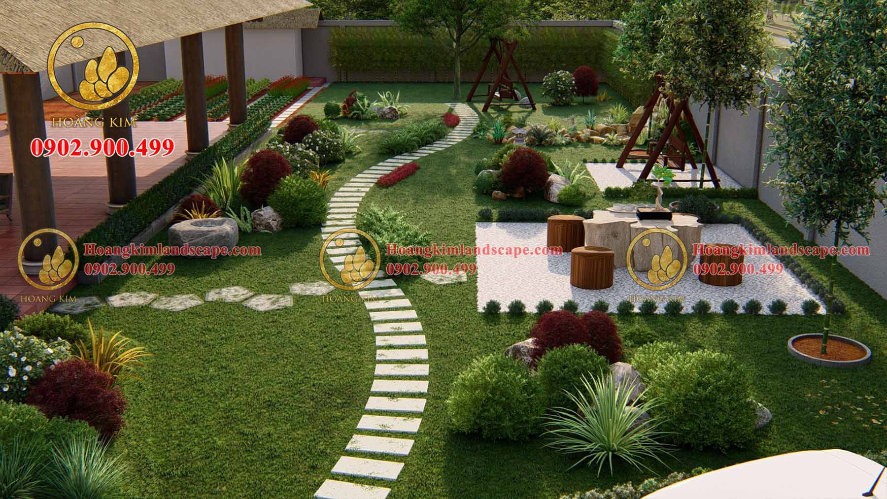 Công trình được trồng thêm những thảm cỏ làm tăng tính thẩm mỹ (Dự án Nhà vườn nghỉ dưỡng của Chị Mai ở Đồng Nai)